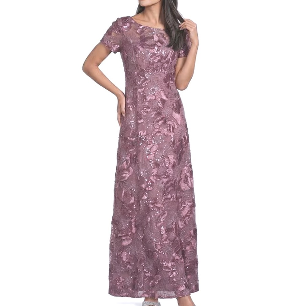 Alex Evenings Women 14 Sequin Ribbonwork Floral Gown Mauve Plum Maxi Dress